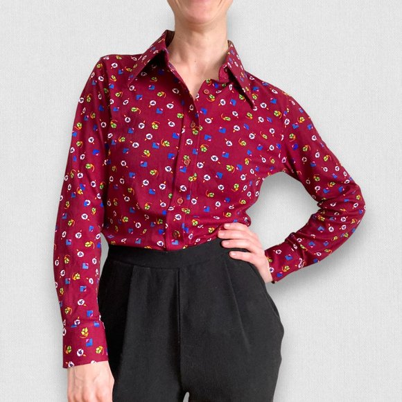 Vintage Floral Print Burgundy Retro 60's Button down Long sleeve Shirt - Picture 2 of 8